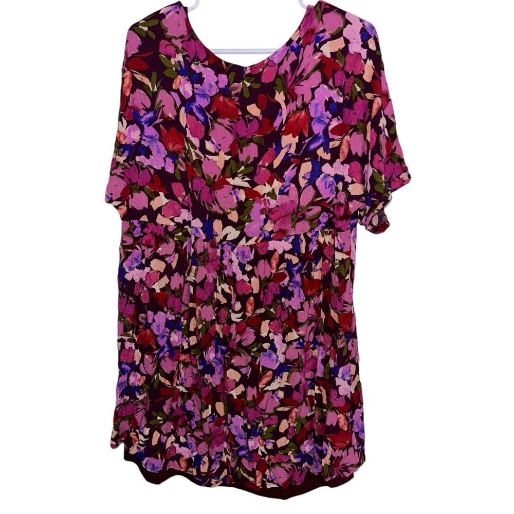 Andre by Unit Floral Babydoll Dress V Neck Lined Sz L Pink Purple Rayon Crinkle